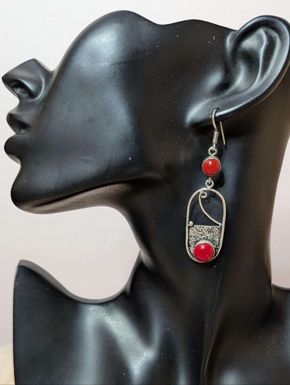 VTG 925 Sterling Silver Red Coral Earrings Western Bali Boho Dangle + FREE GIFT